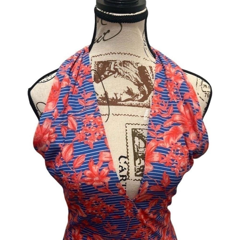 Belle Badgley Mischka Halter Dress Womens 0 Blue Coral Floral Striped Sheath NWT - Picture 7 of 11